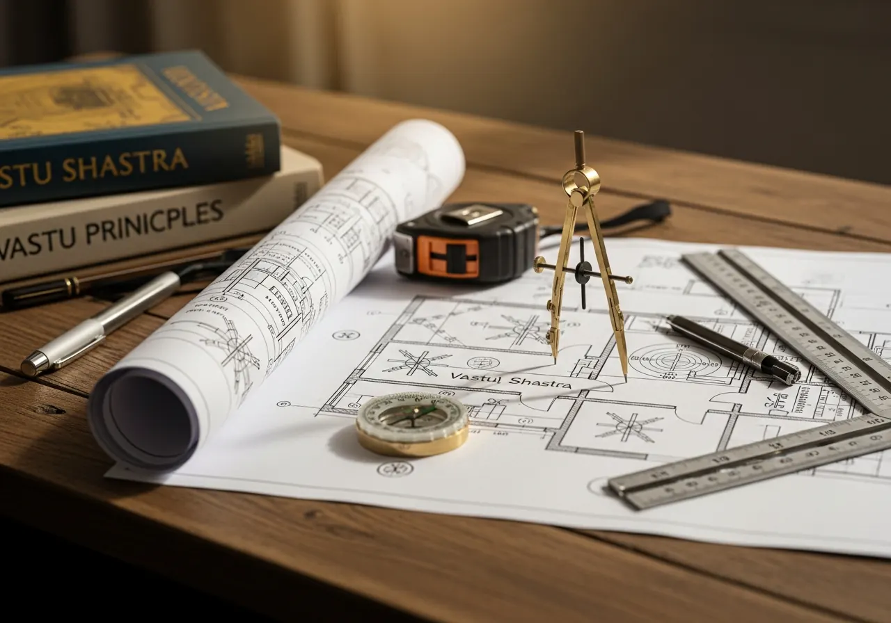 Compass and Vastu reference material on a desk