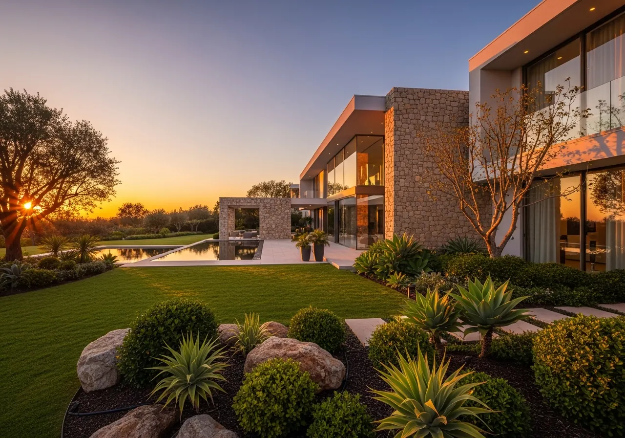 Exterior of a residential property at sunset